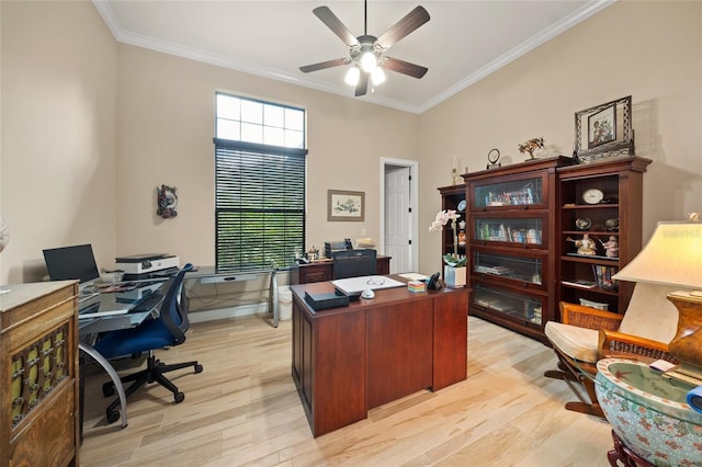 office space with ceiling fan, light wood-style floors, and ornamental molding