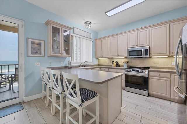 kitchen featuring tasteful backsplash, sink, kitchen peninsula, stainless steel appliances, and a water view