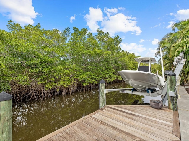 view of dock featuring a water view and boat lift