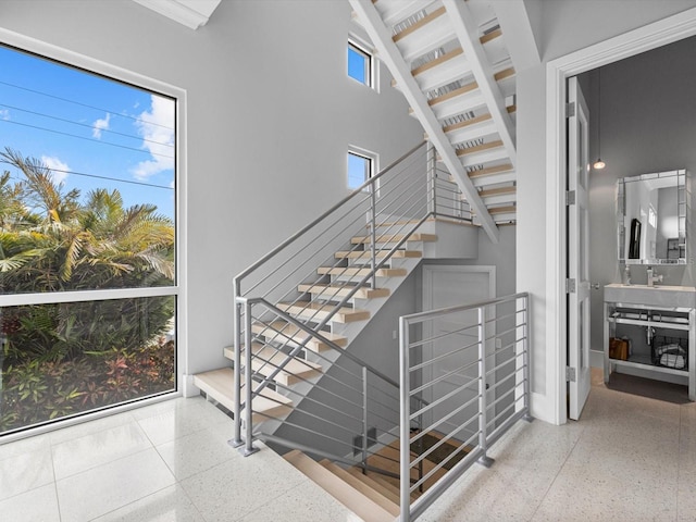 stairway with a high ceiling