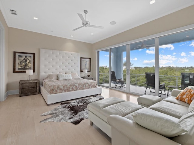 bedroom with recessed lighting, visible vents, light wood-style floors, access to outside, and baseboards