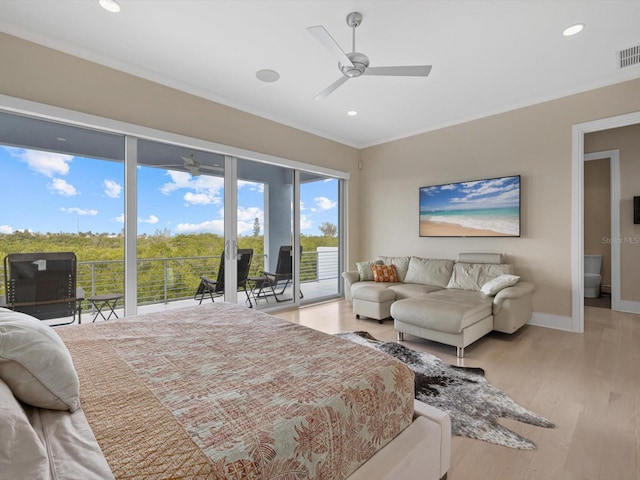 bedroom with light wood finished floors, recessed lighting, visible vents, access to outside, and baseboards