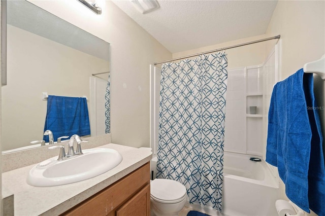 10959 Keys Gate Dr, Riverview, FL 33579 - bathroom with shower / bathtub combination with curtain, toilet, vanity, visible vents, and a textured ceiling
