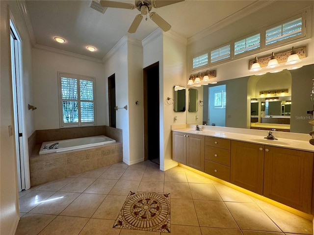 bathroom featuring a garden tub, crown molding, visible vents, a sink, and tile patterned flooring