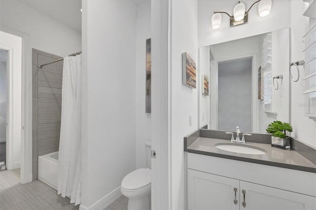 full bathroom with shower / bath combination with curtain, toilet, tile patterned flooring, and vanity