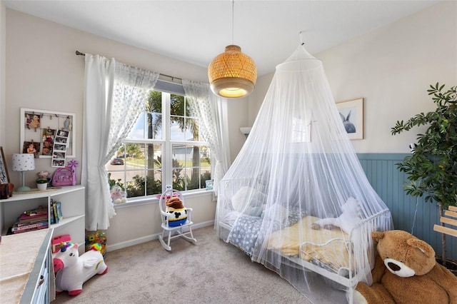 bedroom with light colored carpet