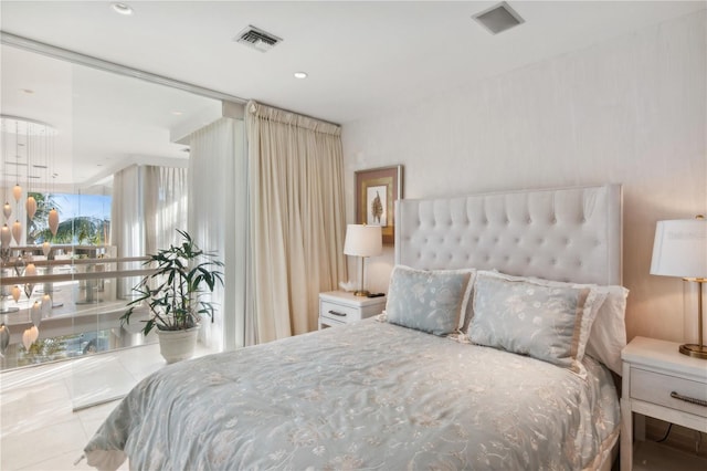 bedroom with recessed lighting, visible vents, and tile patterned floors