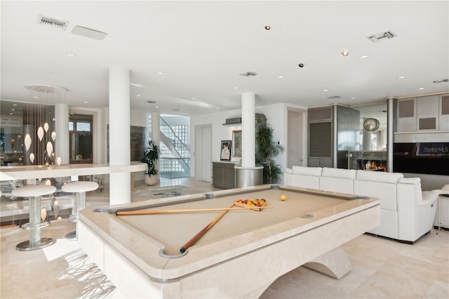 recreation room featuring billiards, visible vents, and recessed lighting