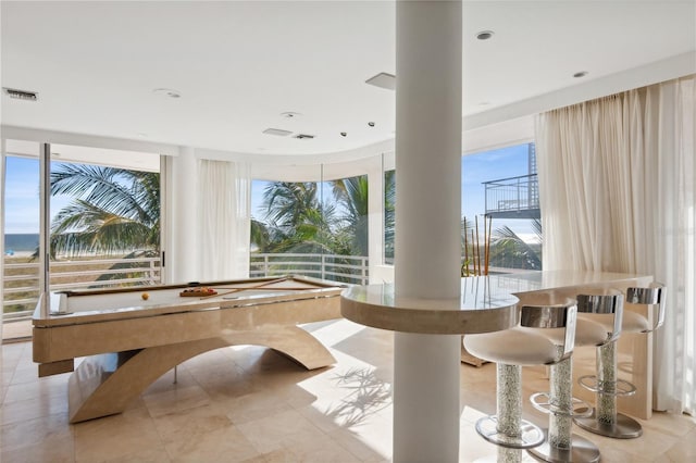 playroom with floor to ceiling windows, visible vents, billiards, and light tile patterned floors