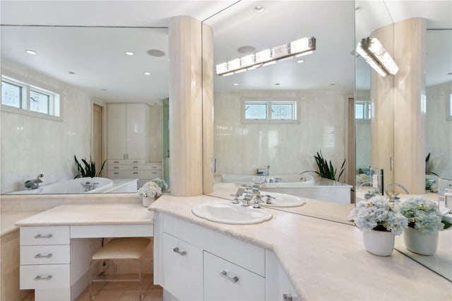 full bathroom with recessed lighting, vanity, and tile patterned floors