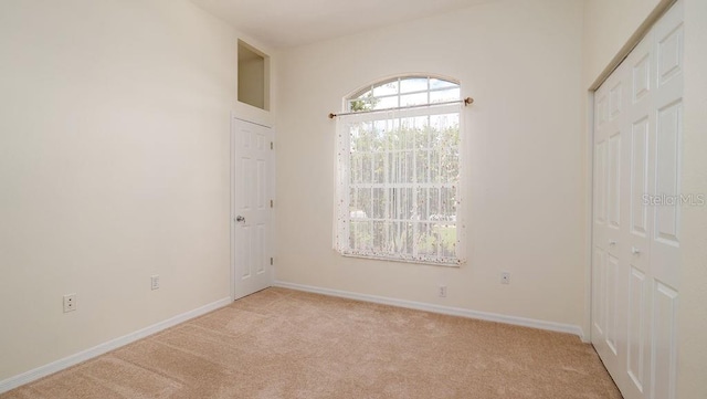 interior space featuring light carpet and a closet