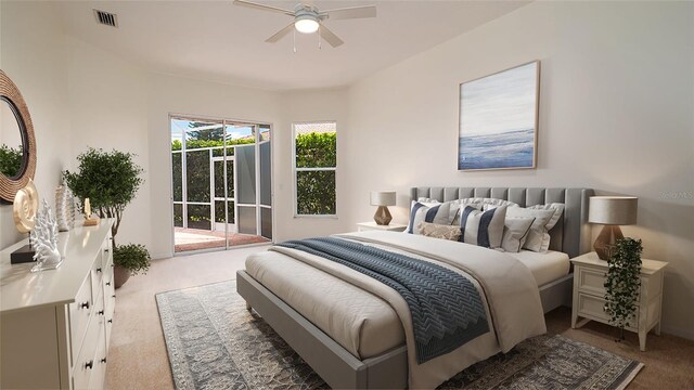 bedroom with access to outside, ceiling fan, and light colored carpet