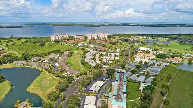 bird's eye view with a water view