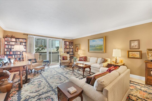 living room featuring crown molding and hardwood / wood-style flooring