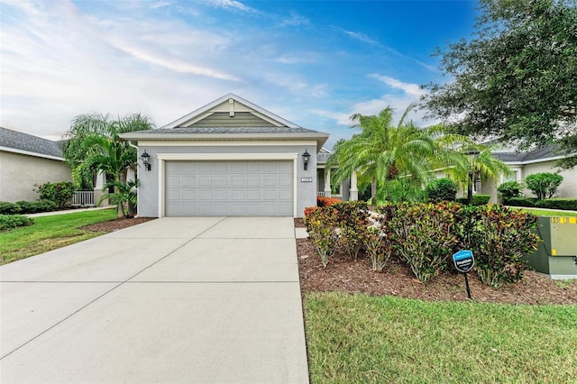 single story home with a garage and a front yard