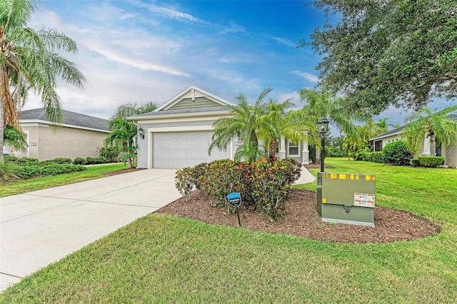 single story home with a garage and a front yard