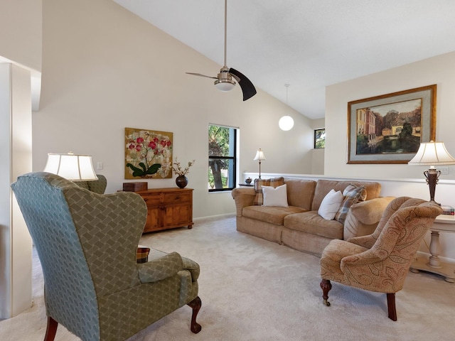 carpeted living room featuring high vaulted ceiling and ceiling fan