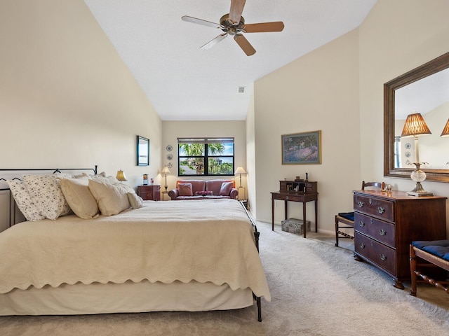 bedroom featuring light colored carpet, high vaulted ceiling, and ceiling fan