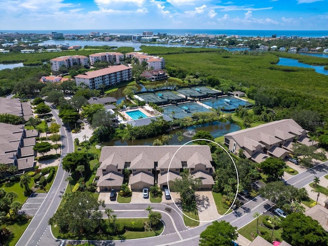 aerial view featuring a water view