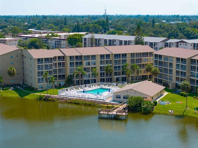 bird's eye view with a water view