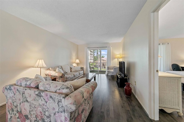 living room with a textured ceiling and dark hardwood / wood-style floors