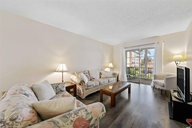 living room with hardwood / wood-style flooring and a textured ceiling