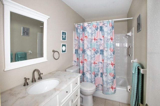 full bathroom with shower / tub combo, tile patterned flooring, toilet, and vanity