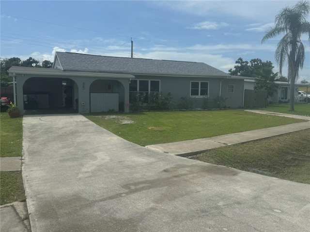 single story home with roof with shingles, stucco siding, an attached garage, a front yard, and driveway