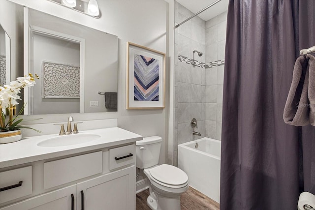 full bathroom with wood-type flooring, vanity, toilet, and shower / bath combo with shower curtain