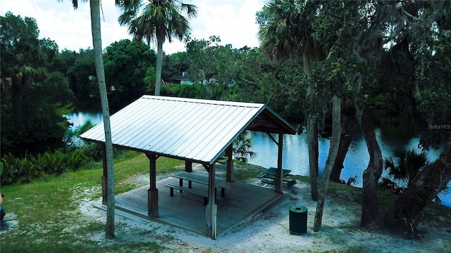 view of community featuring a gazebo and a water view