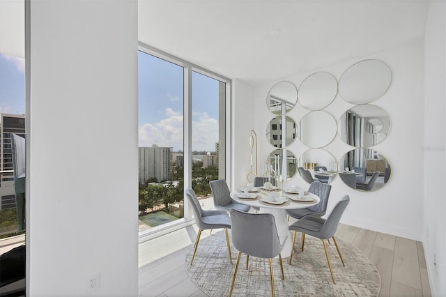 dining room with light hardwood / wood-style floors and floor to ceiling windows