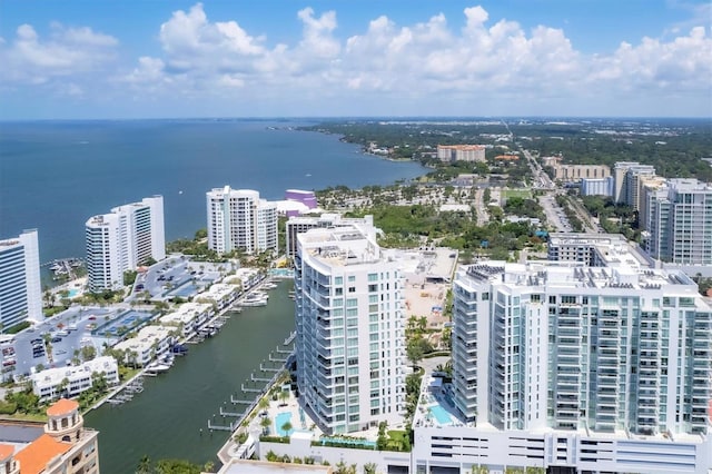 drone / aerial view featuring a water view