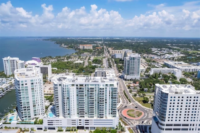 drone / aerial view with a water view