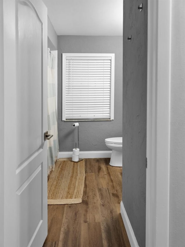 bathroom with a shower with shower curtain, toilet, and wood-type flooring