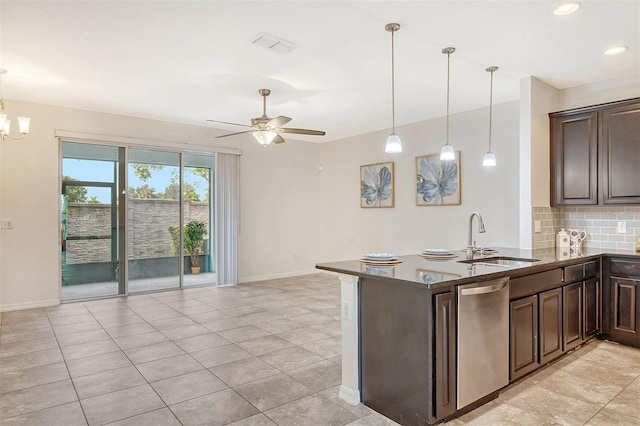 kitchen with sink, dark brown cabinetry, stainless steel dishwasher, and backsplash