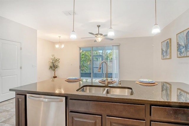 kitchen featuring decorative light fixtures, stainless steel dishwasher, sink, ceiling fan with notable chandelier, and light tile patterned floors