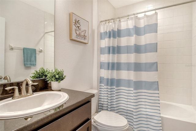 full bathroom with vanity, shower / bathtub combination with curtain, and toilet