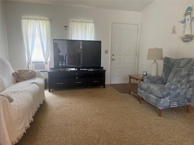 living room with carpet and cooling unit