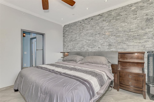 bedroom featuring a ceiling fan and crown molding