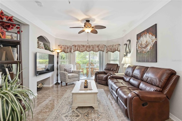 living room with ceiling fan, crown molding, and light tile patterned flooring