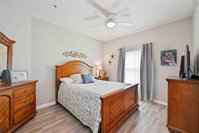 bedroom featuring light wood-type flooring, ceiling fan, and baseboards