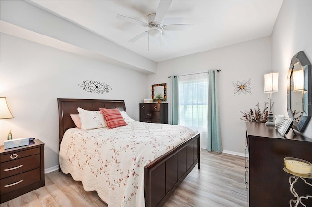 bedroom with ceiling fan and light wood-type flooring