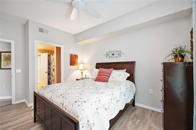 bedroom featuring light wood-type flooring, visible vents, ceiling fan, and baseboards