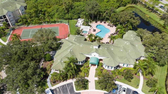 aerial view featuring a water view and a residential view