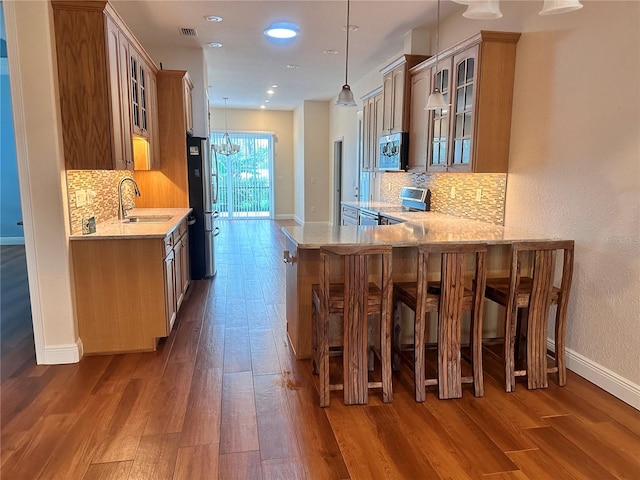 kitchen with decorative light fixtures, stainless steel appliances, dark hardwood / wood-style floors, tasteful backsplash, and light stone countertops