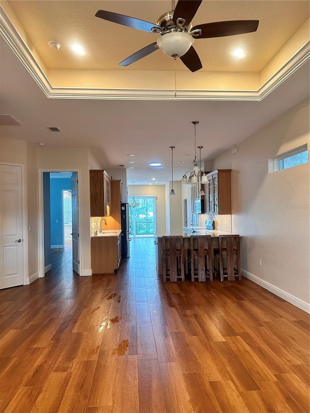 interior space with sink, ceiling fan, a raised ceiling, and wood-type flooring