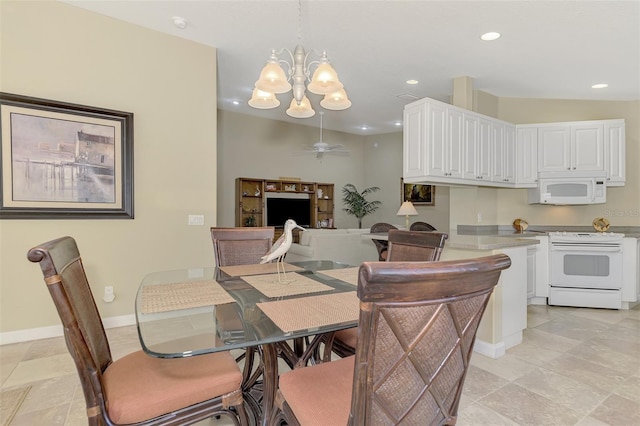 dining area with recessed lighting, baseboards, and ceiling fan with notable chandelier