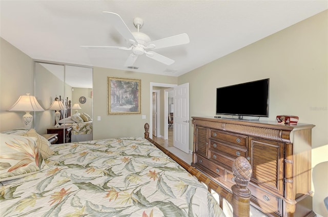 bedroom with ceiling fan and visible vents