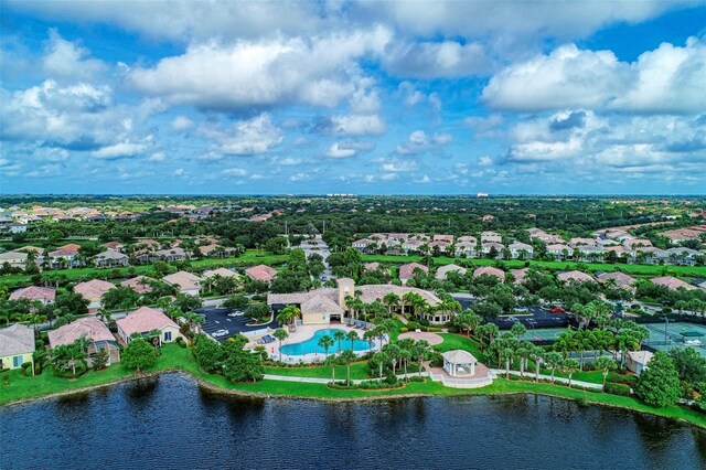 drone / aerial view with a water view