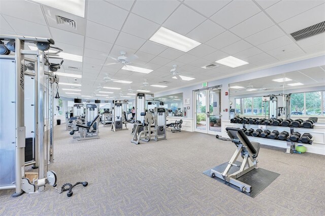 exercise room featuring carpet flooring, ceiling fan, and a drop ceiling